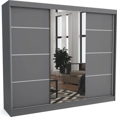 A modern gray sliding door wardrobe with mirrored panels, reflecting a living room interior.