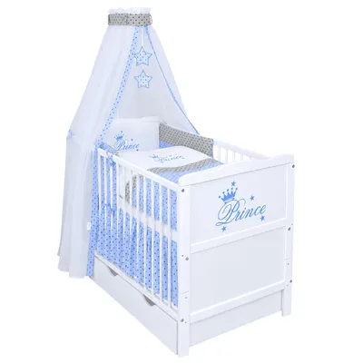 Produktbild von Baby-Delux Babybett Kinderbett Gitterbett Prince 60x120 Weiß mit Schublade 10-tlg Prince Stars Bettwäsche Set Matratze, Beißschienen zum Schutz