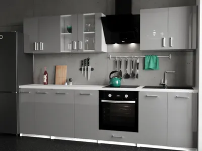 Produktbild von rö-furniture Küchenzeile Grau Hochglanz mit weißer Tischplatte Modern 280 cm, hochwertige 18mm Schichtstoffplatte, 7 Module, Hängeschränke mit Glaseinsatz und Geschirrtrockner, Erweiterbar