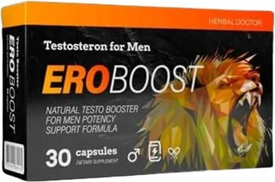 The image shows the front of a product box for EROBOOST, a testosterone booster for men.