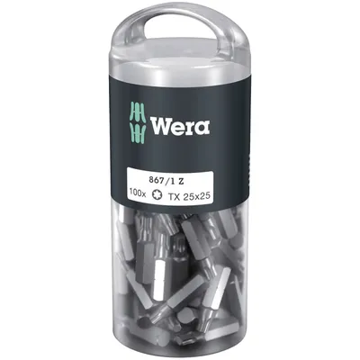 Produktbild von Wera 05072449001, 100 Stück(e), Torx, TX 25x25, 25 mm, 25,4 / 4 mm (1 / 4"), Hexagonal