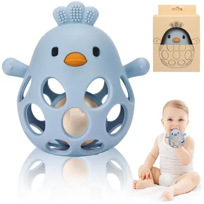 Produktbild von Silikon Babyrassel Hühnchen Beißring Blau Sensorisches Montessori Spielzeug