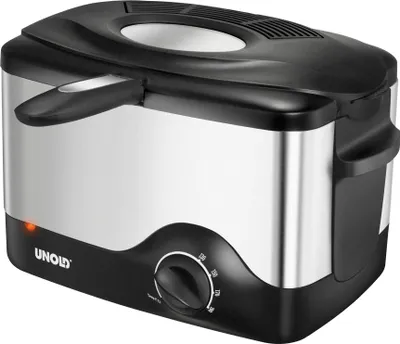 Produktbild von Unold 58615 Fritteuse Kompakt mit 1.200 W, wäremeisoliertes Cool-Touch-Gehäuse und Einer Füllmenge von bis zu 1,5 l Fett, Edelstahl, Schwarz