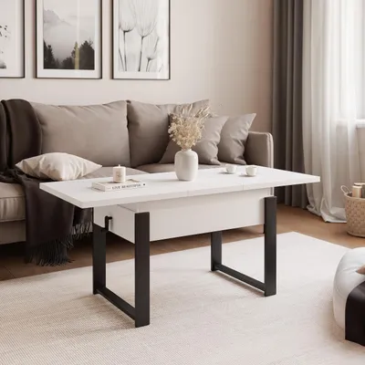 Produktbild von Idohome - Ausziehbarer Couchtisch TIVOR 120-157 cm mit Metallgestell moderner, Farbe: Alpinweiß, Gestell: Schwarz