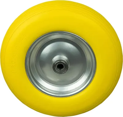 Produktbild von Vollgummirad, 400 mm Durchmesser mit Metallfelge und Kugellager, 180 kg Tragkraft, gelbes PolyurethanSchubkarrenrad