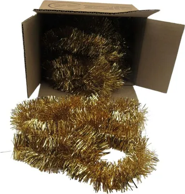 A box of gold tinsel garland.