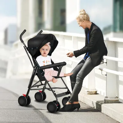 Image de Poussette buggy pliable, légère, pour enfants de 0 à 2 ans, avec protection contre la pluie, de couleur noire