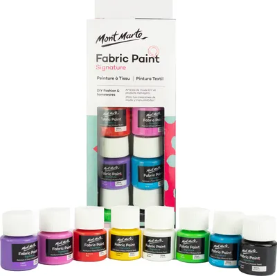 Produktbild von Mont Marte Textilfarbe Set 8 x 20ml – Waschfest & bügelfixierbar, Hochpigmentierte Stoffmalfarben für T-Shirts, Taschen, Kissen & DIY Mode