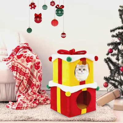 Produktbild von Kratzbaum Weihnachten in Geschenkbox-Form, stapelbare Katzenhöhle mit 2 stapelbaren Apartments, Weihnachtsdeko, Katzenkratzbaum für innen, Rot+Gelb