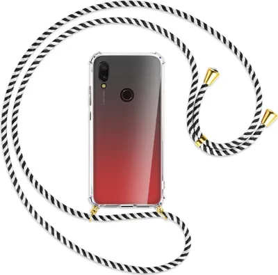 Produktbild von Handykette Backcover-Schutzhülle mit Band (Metall goldfarben) für Xiaomi Redmi 7 - schwarz/weiß gestreift