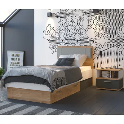Produktbild von Jugendzimmer Set 2-teilig TOMAR-129 mit Bett 90x200 cm und Nachttisch in Eiche Nb. mit grau und weiß