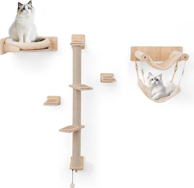 Produktbild von GOPLUS Kletterwand Katzen, 5 PCS Katzen Wandpark mit 2 Hängematten, Bett, Treppenstufen, Juteseil-Kratzstangen, Natur