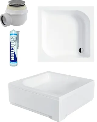 Produktbild von ECOLAM Duschwanne Duschtasse Ares Viereck quadratisch 80x80 x 29,5 cm Tiefe 16,5 cm Acryl weiß + Siphon + Silikon