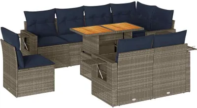 Produktbild von 9-tlg. Garten-Sofagarnitur mit Kissen Grau Poly Rattan