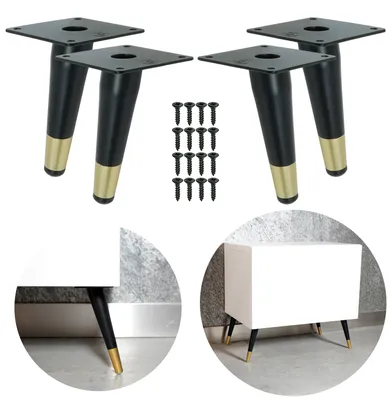 Produktbild von Schräges Stahl Möbelbein konisch 13 cm, mit Montageplatte und Schrauben, schwarz + Messing, 4 Stück