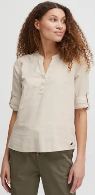 Produktbild von OXMO OXANJA Damen Bluse aus Leinenmix Shirt Langarm klassisch mit V-Ausschnitt und Knöpfen Regular Fit und Knöpfbare Ärmel