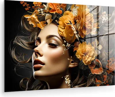 Produktbild von MuchoWow Glasbilder - Bilder auf Wandbild - Foto auf Glas Frau - Porträt - Blumen - Farbenfroh 90x60 cm Wanddekoration aus Glas - Acrylglasbild - Acrylbilder - Wandmalerei auf Glas
