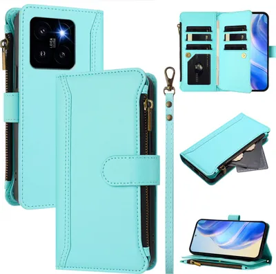 Image de Etui pour Xiaomi 14 Pro, fermeture éclair, étui portefeuille en cuirPolyuréthaneavec pochettes pour cartes, support et dragonne vert menthe