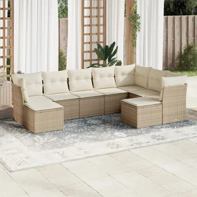 Produktbild von Design 9-tlg. Garten-Sofagarnitur mit Kissen Beige Poly Rattan, Gartenmöbel-Sets 2024 Neu