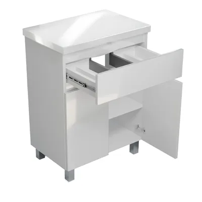 Produktbild von Waschbeckenunterschrank Badmöbelset Hochglanz MDF Arbeitsplatte Gäste WC Ariza 60 Schublade Einlegeböden Türen Toilette Kommode Sink Weiß Badmöbel
