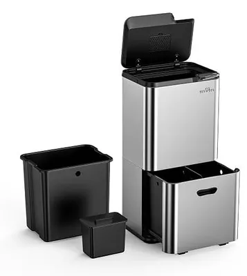Imagen del producto de Cubo de basura para cocina, 63 litros, cubo con pedal, 3 compartimentos, sistema de separación de residuos, cubo de basura para cocina con cubo interior de plástico, metal, tapa abatible, sistema de cierre suave y hermético