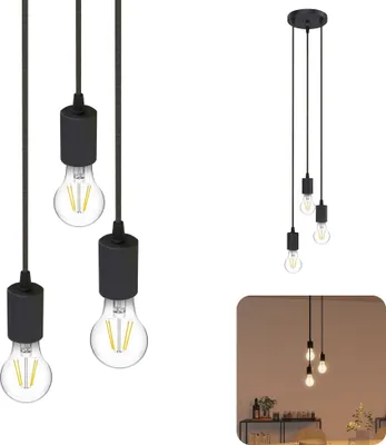 Produktbild von SSC-LUXon PARU Hängeleuchte 3 flammig schwarz rund inkl. E27 LED Lampen warmweiß - schlichte Pendellampe Textilkabel höhenverstellbar