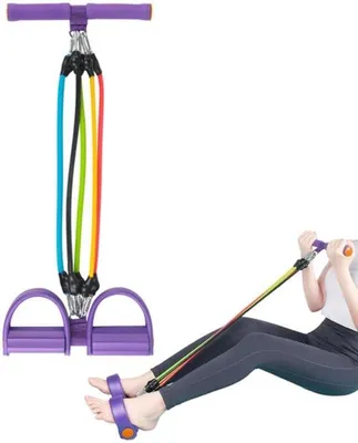 Image de Entraîneur abdominal élastique - Accessoire d'entraînement abdominal - Bande de résistance pour pédale - Appareil d'entraînement pour abdominaux - 5 tubes en corde - Pédale de fitness réglable - Corde élastique - Élastique avec poignée et pédale - pour le fitness, l'entraînement, le yoga - Violet