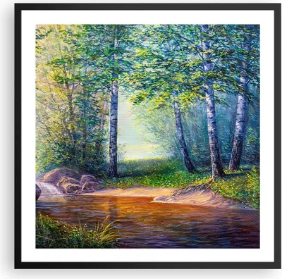 Produktbild von Gerahmtes Poster - Schwarzer Rahmen - Wiese Wasser Baum - 60x60 cm - Wand Bild - Wanddeko - Wandbilder - Kunstposter - Wandposter - Bilderrahmen - Bilder - Kunstdruck - Wandbild - P2BAC60x60-4063