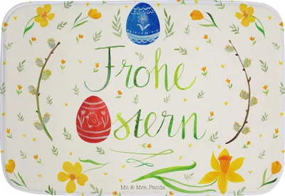 Produktbild von Mr. & Mrs. Panda Badematte Ostern Frohe Ostern - Weiß - Geschenk, Badvorleger, Bemalte Ostereier, Osterblume, Ostergrüße, Badteppich, duschmatte, Badezimmerteppich