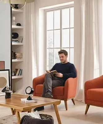 Obrázek produktu pro Křeslo v moderním stylu, oranžové, s dřevěným rámem a látkovým potahem, pohodlné křeslo