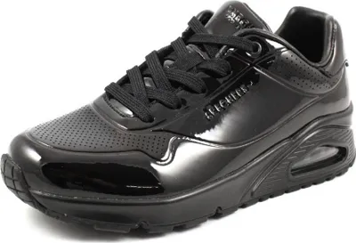 A single black Skechers sneaker is shown from a side-angle on a white background.