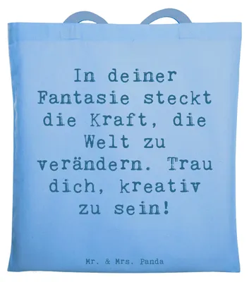 Produktbild von Mr. & Mrs. Panda Tote Bag Spruch Die Freude an der Kreativität entdecken - Sky Blue - Geschenk, Träume, Trost, Einkaufstasche, Magie, Zuversicht, Tasche, Schultasche