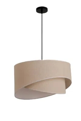 A pendant light fixture with a beige fabric shade and a black ceiling mount.