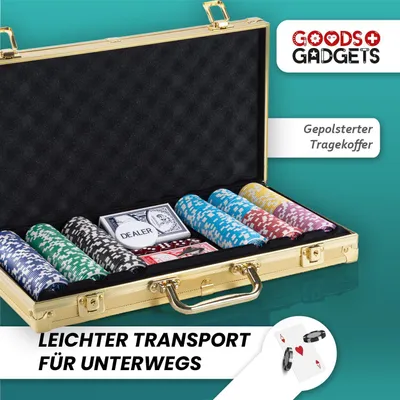Produktbild von Profi Pokerkoffer Set mit 300 Poker-Chips (Gold, 12g Metallkern) inkl. 2 Kartendecks, Dealer-Button & Würfel im robusten Alu-Koffer