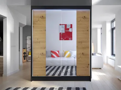 Obrázok produktu pre Šatníková skriňa 150 cm so zrkadlom a LED osvetlením PIRITU 2 - čierna / dub artisan