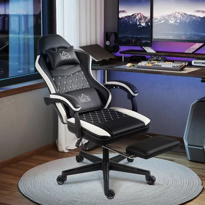Produktbild von SUGIFT Bürostuhl ergonomisch, Gaming-Stuhl mit Fußstütze & Kopfstütze, Computerstuhl, Kunstleder, Schwarz | 47–57 cm Sitzhöhe | 65x64x128 cm