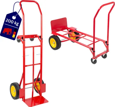 Produktbild von Multifunktions-Stahlrohr-Sackkarre/Transportwagen mit Standardschaufel & pannensichere Vollgummibereifung | Traglast 200kg | HxBxT 133x55x46cm | Rot