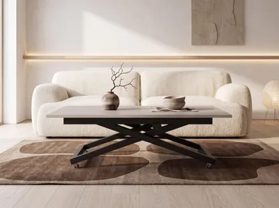 Produktbild von Couchtisch Höhenverstellbar Ausziehbar – Wohnzimmertisch & Esstisch mit Rollen, Schwarzem X-Gestell – 120 x 80 cm bis 160 x 80 cm – Kaschmir