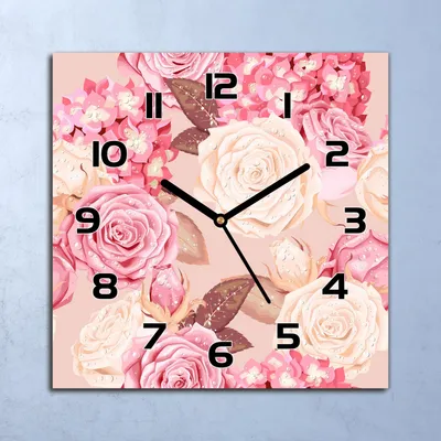 Produktbild von Wanduhr Echt-Glas-Küchenuhr Rosa Rosen Hortensie Quarz 30x30 Deko Bilder