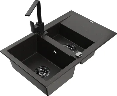 Produktbild von Mexen Gaspar 1,5-Becken-Granitspüle mit Abtropffläche und Mischbatterie Rita, Schwarz/Gold - 6507-75-670300-70-B