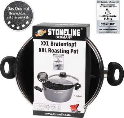A Stoneline XXL roasting pot is shown in its packaging, with various marketing labels and certifications visible.