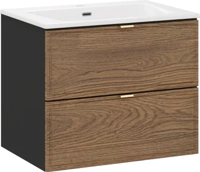 Produktbild von Badezimmerschrank 60cm mit Waschbecken weiß glänzend schwarz Eiche Schubladen