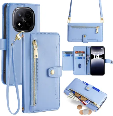 Produktbild von Handykette Xiaomi Redmi Note 14 Pro+ Hülle mit Band Handyhülle Kartenfächer Kunstleder Umhängetasche in Hellblau