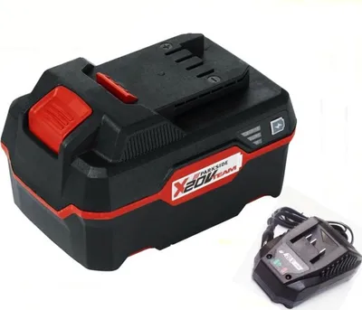 A black and red battery pack and a black charger are shown on a white background.
