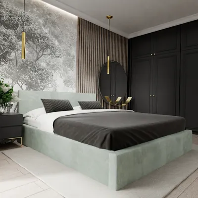 A bedroom with a bed, nightstand, and wardrobe.