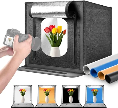 Produktbild von Lichtbox für Fotostudio, 50 W, 50 W, 50 W, 50 cm x 50 cm, zusammenklappbar, tragbar, mit 4 Hintergründen, 5600 K, 192 LEDs, 5310 Lux bei 0,5 m, dimmbare Zeltkonstruktion