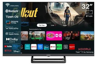 Produktbild von Koorui Smart TV - Tizen TV by Samsung - LED Full HD - 32 Zoll/81 cm - Streaming-Apps - AirPlay - Hotelmodus - HDMI x3, USB x2, CI+ - Tripple Tuner DVB-T/T2/S/S2/C - Randlos Design – Mittelfuß - Montiert in den Niederlanden - K32Q1H-T8M