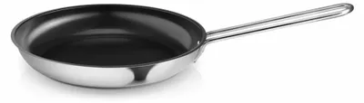 A stainless steel frying pan with a black interior is shown against a white background.