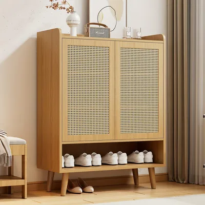 Image de Armoire à chaussures - Rangement à chaussures - Meuble à chaussures - Étagère à chaussures - Banc à chaussures - Style rotin moderne - Double porte