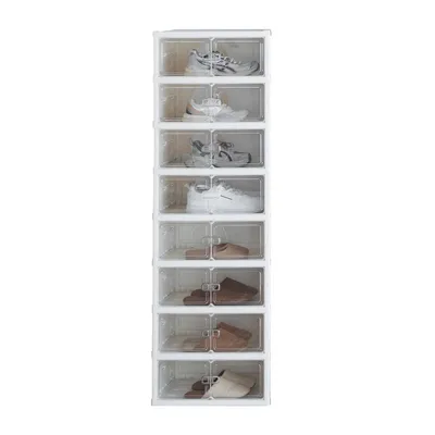 Obrázek produktu pro OFMOTRA Bílá skříň na boty, 8 polic, botník pro 16 párů, skládací průhledná dvířka, 35 x 45 x 139,5 cm, boxy na boty, úložné boxy